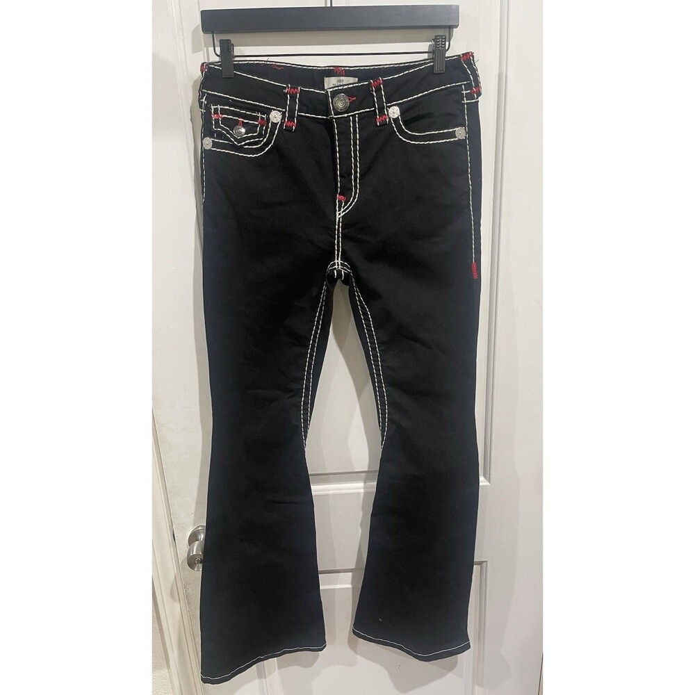 True Religion Joey Flare Jeans Women’s Size 30 Black Red Stitch Mid Rise Bootcut